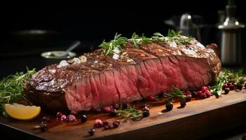 ai generado A la parrilla bife, jugoso y licitación, Listo a comer en de madera plato generado por ai foto