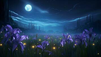 AI generated Moonlit Iris Field and Fireflies - AI Generated photo