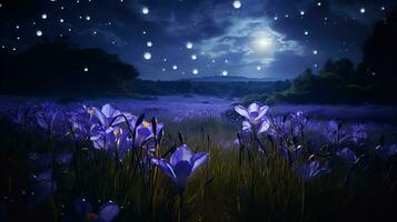 AI generated Moonlit Iris Field and Fireflies - AI Generated photo