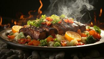 AI generated Grilled steak, cooked to perfection, served with fresh vegetables generated by AI photo