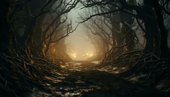 AI generated Spooky forest, dark mystery, horror in nature tranquil scene generated by AI photo