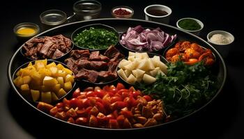 AI generated Gourmet meal grilled meat, fresh vegetables, healthy salad variation generated by AI photo