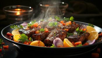 AI generated Grilled meat and vegetables on a fresh, healthy plate generated by AI photo