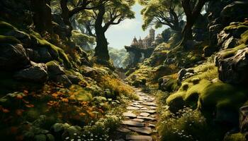 AI generated Tranquil forest, ancient trees, green leaves, sunlight, mysterious beauty generated by AI photo