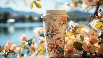 AI generated Fresh coffee cup on table, surrounded by nature beauty generated by AI photo