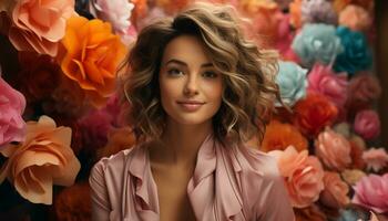 AI generated A beautiful woman with curly hair smiles, holding a flower generated by AI photo