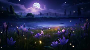 AI generated Moonlit Iris Field and Fireflies - AI Generated photo