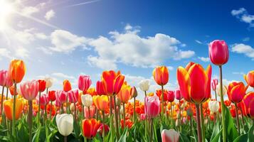 AI generated Spring Tulip Delight Under Blue Sky - AI Generated photo