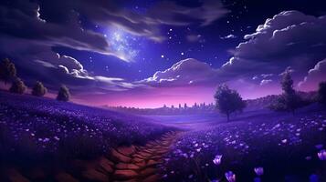 AI generated Moonlit Lavender Field and Starry Sky - AI Generated photo