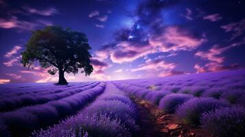 AI generated Moonlit Lavender Field and Starry Sky - AI Generated photo