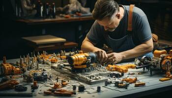 AI generated Skilled carpenter expertly repairing machinery in workshop generated by AI photo