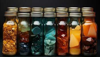 AI generated Multi colored capsule bottle, yellow container, pill healthcare collection generated by AI photo