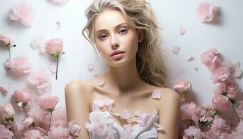 ai generado joven adulto mujer con rubio pelo y rosado flor florecer generado por ai foto