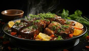 AI generated Grilled meat, fresh vegetables, and savory sauce on rustic table generated by AI photo