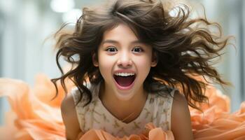 ai generado sonriente niño, linda y alegre, disfrutando juguetón verano adentro generado por ai foto