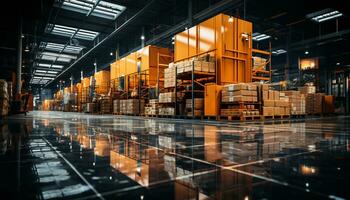 AI generated Large warehouse with stacks of cargo containers and forklifts working generated by AI photo