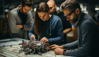 AI generated Young women and men working together in a small workshop generated by AI photo