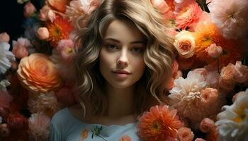 ai generado un hermosa mujer con rubio pelo y un flor ramo de flores generado por ai foto