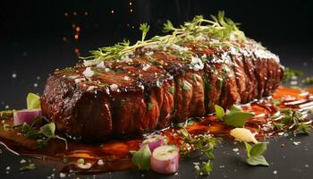 ai generado A la parrilla carne de vaca bife, cocido a perfección, Listo a comer con ensalada generado por ai foto