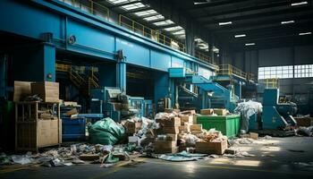 AI generated Dirty cardboard boxes stack inside a large, unhygienic factory generated by AI photo