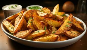 AI generated Freshly prepared gourmet meal fried potato wedges with healthy vegetarian sauce generated by AI photo