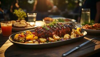 AI generated Grilled meat on rustic table, ready to eat, summer refreshment generated by AI photo