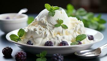 ai generado frescura y dulzura en un gastrónomo postre cuenco de bayas generado por ai foto