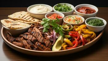 AI generated Grilled beef steak on plate, with fresh vegetable salad generated by AI photo