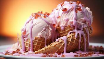 ai generado hecho en casa hielo crema helado con frutas y nueces, un dulce verano indulgencia en mesa generado por ai foto