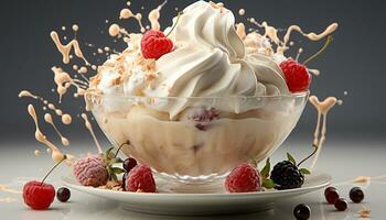 AI generated Freshness and indulgence in a bowl of raspberry ice cream generated by AI photo
