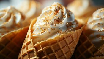 AI generated Homemade vanilla ice cream on a waffle cone, summer delight generated by AI photo