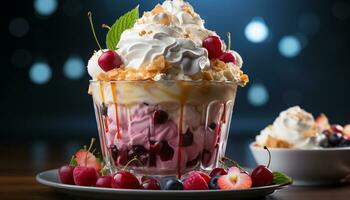 AI generated Homemade ice cream sundae with fresh berries, whipped cream, and chocolate sauce generated by AI photo