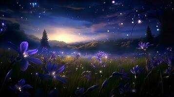 AI generated Moonlit Iris Field and Fireflies - AI Generated photo