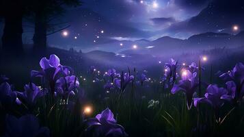 AI generated Moonlit Iris Field and Fireflies - AI Generated photo