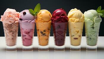 AI generated Refreshing summer dessert colorful ice cream with fresh fruit generated by AI photo