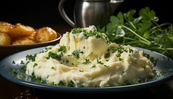 AI generated Healthy eating Freshly prepared mashed potatoes with butter and parsley generated by AI photo