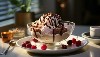 ai generado Fresco Fruta y cremoso chocolate en un de madera mesa generado por ai foto