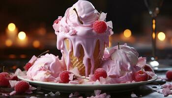 AI generated Homemade birthday cake with whipped cream and fresh berries generated by AI photo