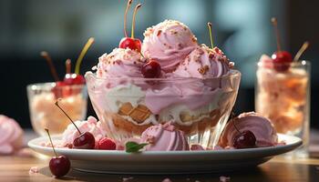 AI generated A fresh summer dessert homemade ice cream sundae with berries generated by AI photo