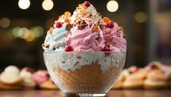 ai generado hecho en casa hielo crema helado con frutas y nueces, un dulce verano celebracion generado por ai foto