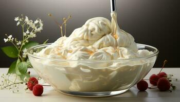 AI generated Fresh raspberry yogurt bowl on wooden table, healthy summer snack generated by AI photo