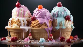 AI generated Homemade ice cream sundae, a sweet, colorful indulgence generated by AI photo