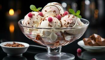 AI generated Freshness and indulgence in a bowl of gourmet ice cream generated by AI photo