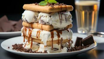 AI generated Indulgent dessert chocolate ice cream, whipped cream, and waffle generated by AI photo