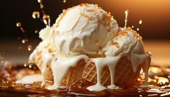 ai generado indulgente hielo crema helado con frutas y nueces en de madera mesa, tentador y delicioso generado por ai foto