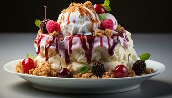 ai generado frescura y indulgencia en un plato baya postre con azotado crema generado por ai foto