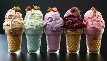 AI generated A colorful collection of frozen treats ice cream, yogurt, and berries generated by AI photo