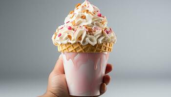 AI generated A refreshing summer treat ice cream cone with strawberry topping generated by AI photo