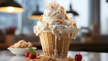 AI generated Homemade ice cream sundae, a sweet indulgence on wooden table generated by AI photo