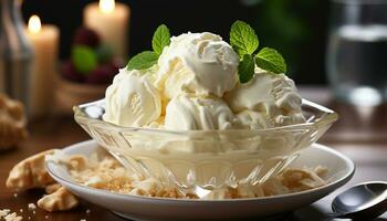 ai generado hecho en casa hielo crema helado con frutas y nueces con Fresco bayas y menta hoja generado por ai foto